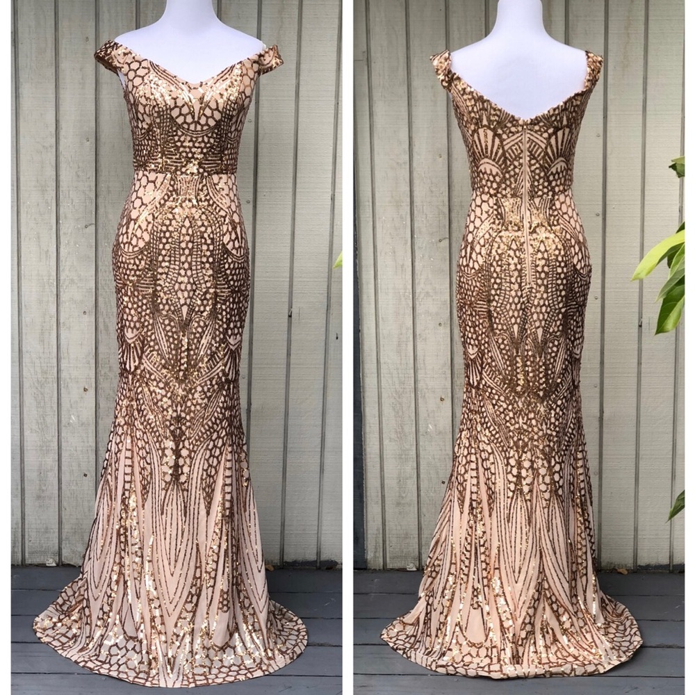 Rose Gold Sequins Off Shoulder Floor Length Mermaid Glam Cocktail Evening Gown S